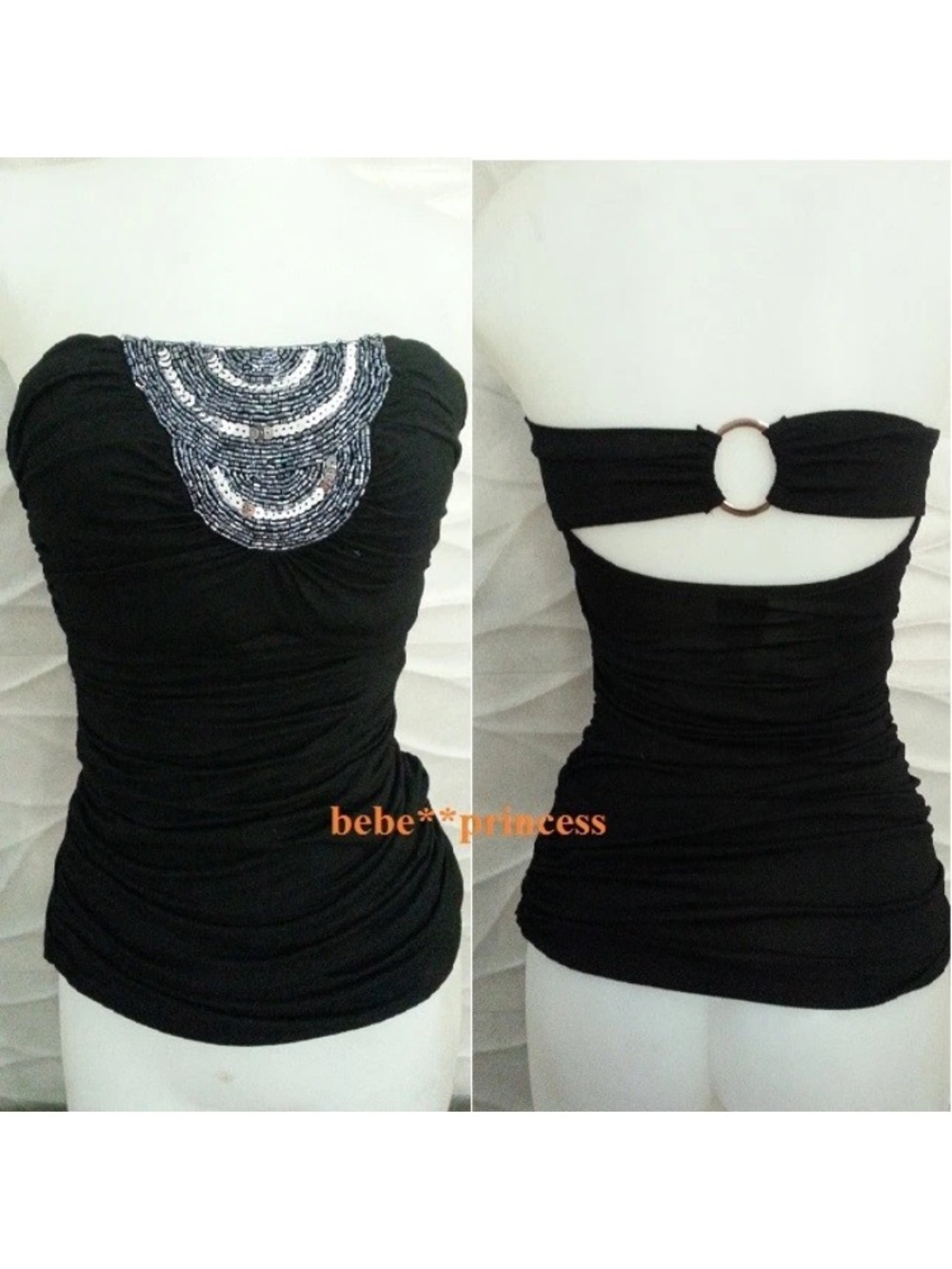 NWT bebe 2b Black sequin stud beaded embellished strapless cutout tube top xs